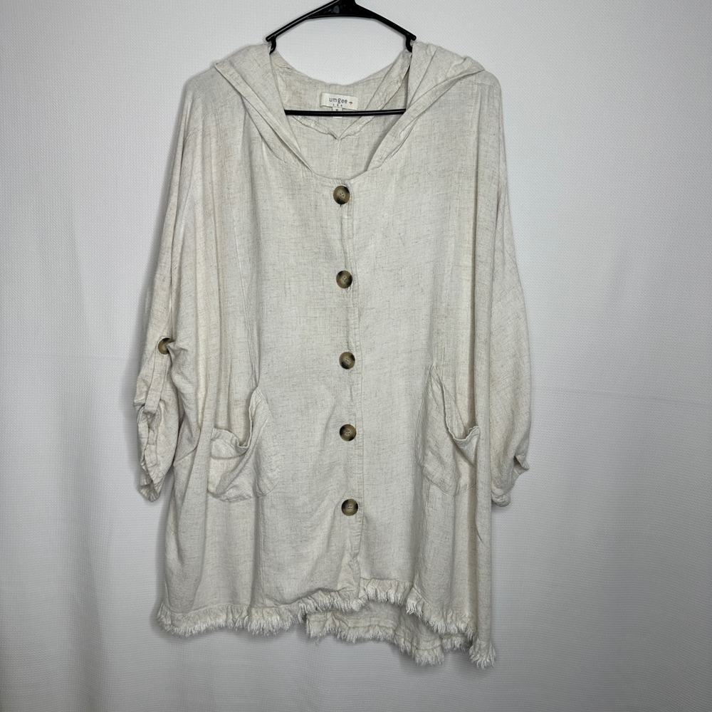 Umgee Hooded Cardigan Jacket Beige Linen Blend Fringed size XL